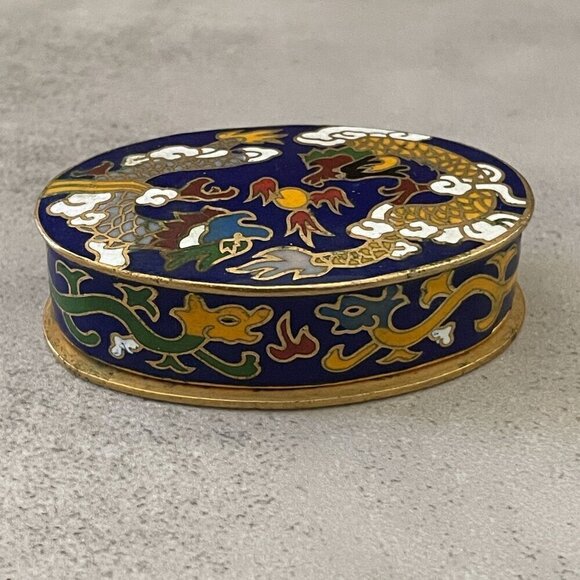 Vintage Chinoiserie Dragon Cloisonne Enamel Brass Lidded Trinket Box Blue Gold - Picture 1 of 9